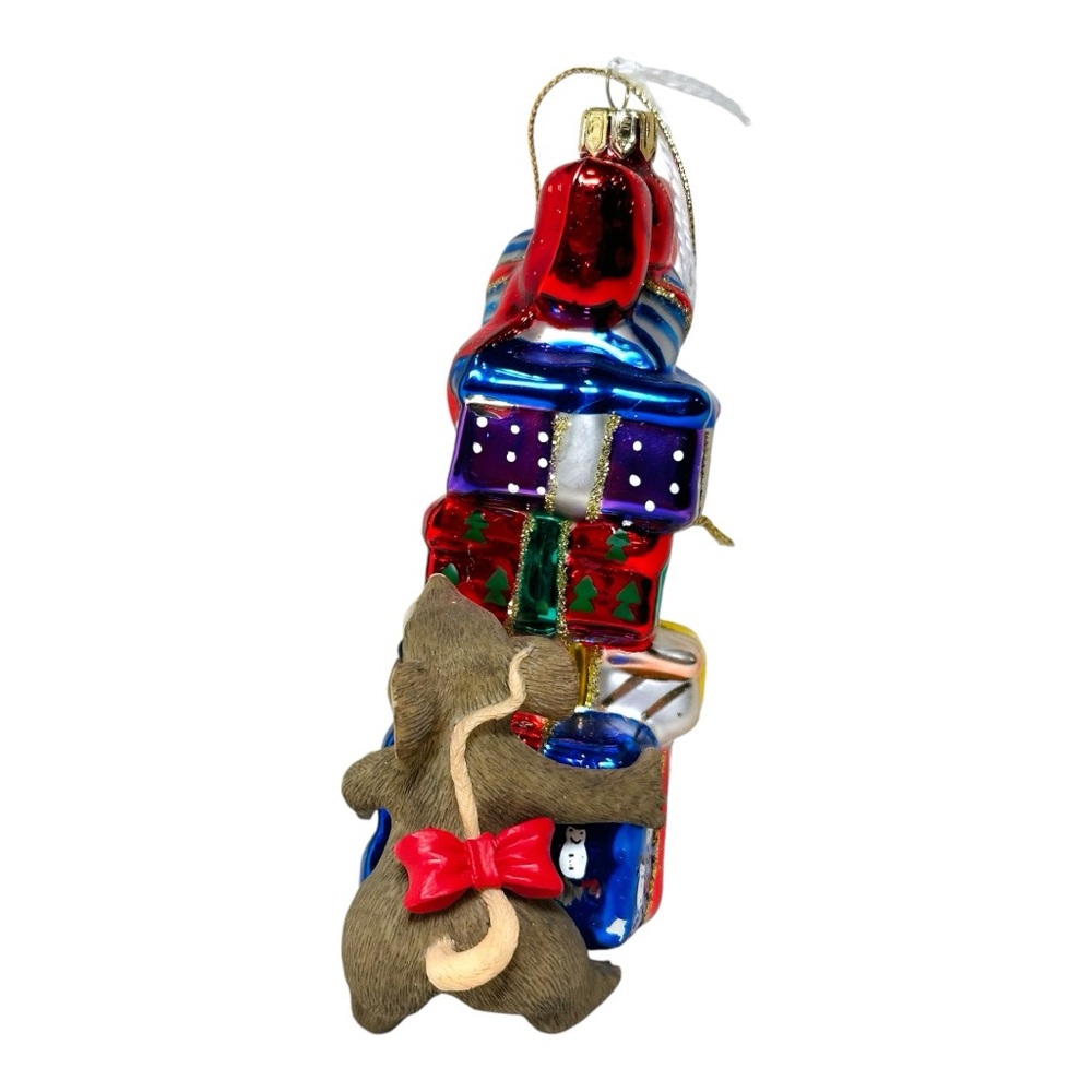 Charming Tails Blown Glass Christmas Tree Ornament Stacks Of Joy In Box with tag - Picture 6 of 10